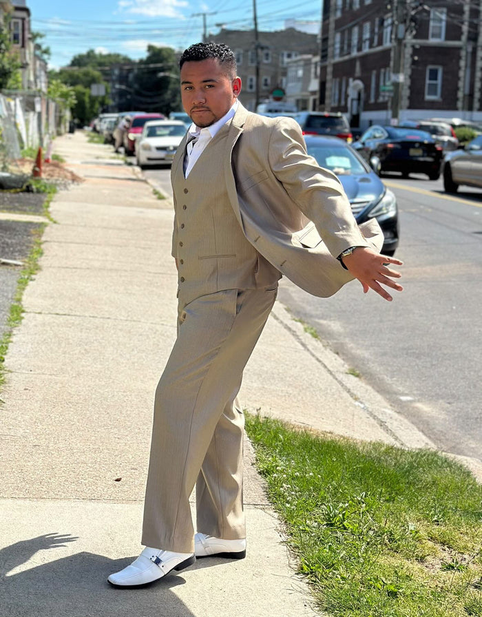 Men's Textured Sharkskin Business Suit in Stone Tan by Tazzio Suits