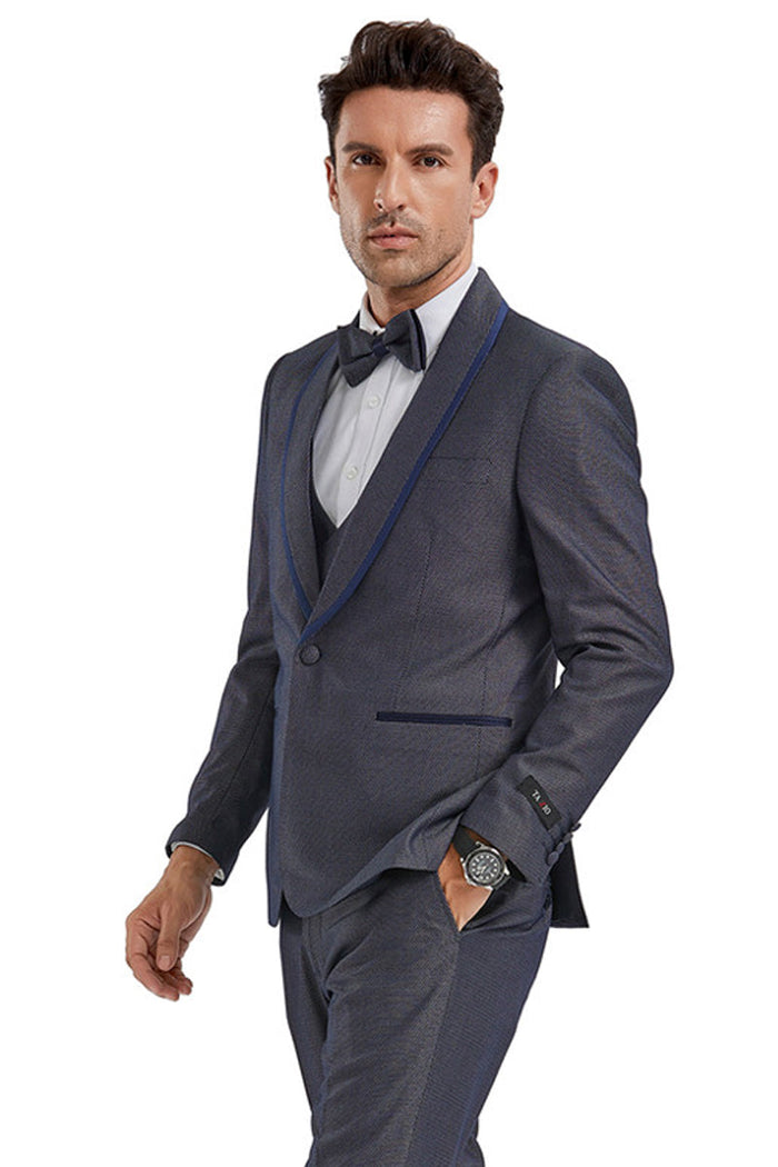 Men's Grey Birdseye Shawl Tuxedo with Blue Trim