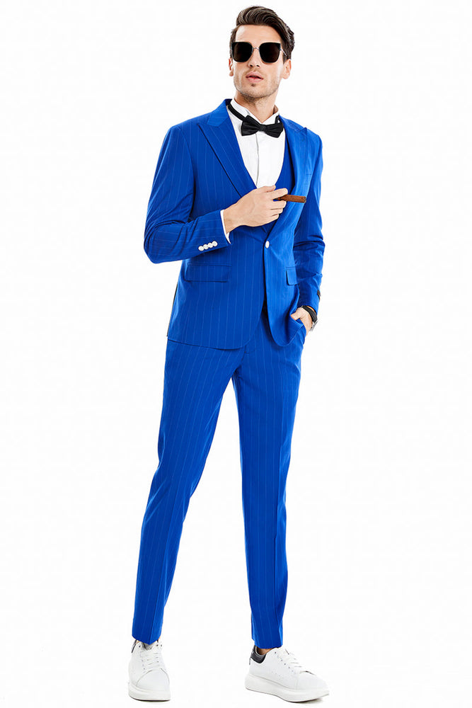Men's Royal Blue Vested Pinstripe Suit by Tazzio Suits