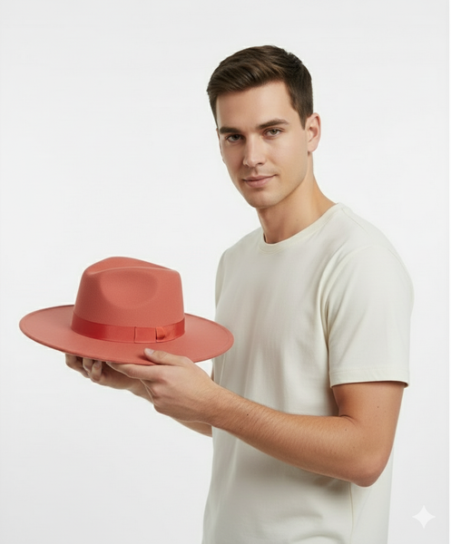 Men’s Coral Pink Wide Brim Fedora Hat – Wool Felt Dress Hat with Red Ribbon Band
