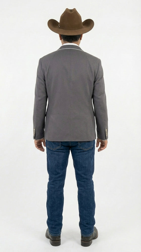 Mens Grey and White Trim Western Blazer – Classic Fit Cowboy Style Contrast Trim Dress Jacket