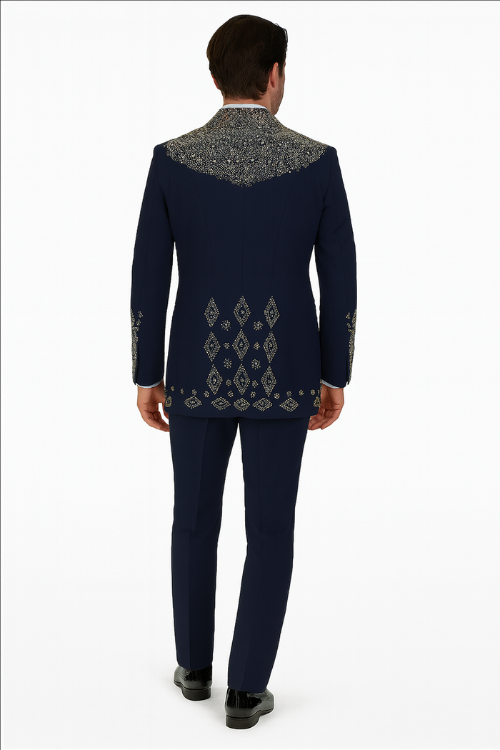 Men’s Navy Tuxedos with Gold Embroidery – Slim Fit Formal Dinner Jacket with Shawl Lapel