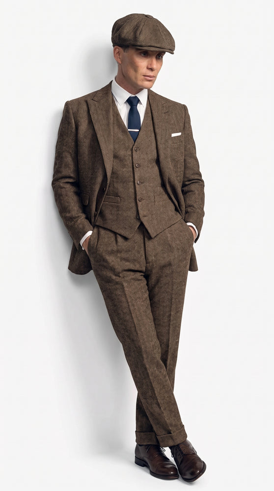 Men's Thomas Shelby Brown Tweed Herringbone 3-Piece Suit – Peaky Blinders 1920s Vintage-Style Suit with Matching Vest & Trousers