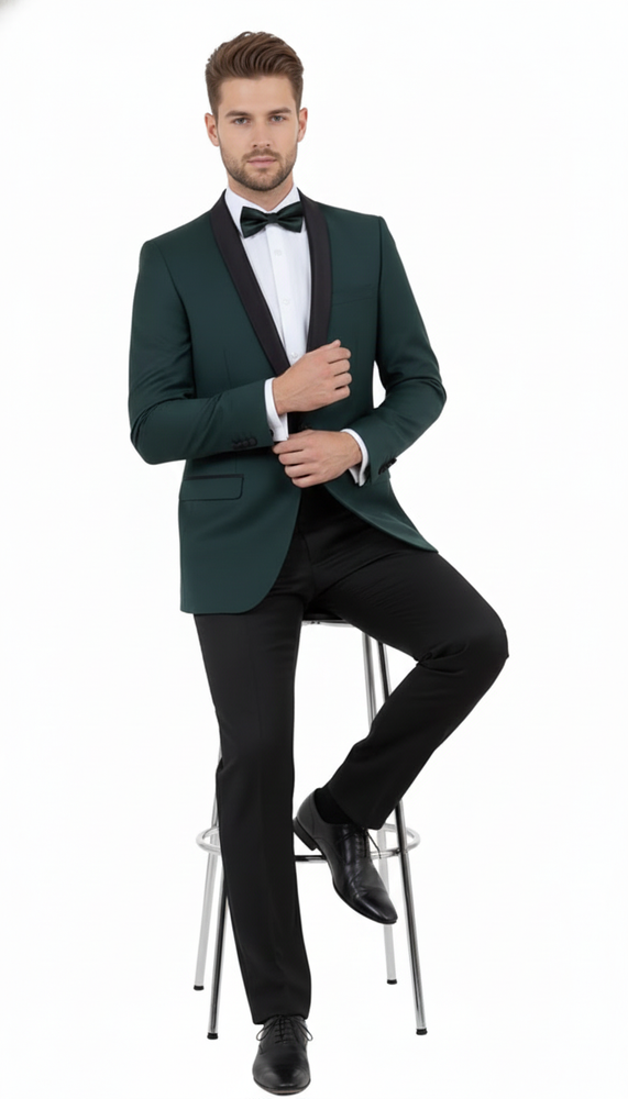 Men’s Green Tuxedo Suit – Slim Fit Jacket with Black Satin Shawl Lapel and Black Pants in Hunter Green
