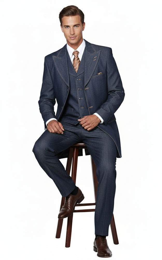 Men’s Cotton Denim Three-Piece Suit – Modern Blazer Denim Suit with Vest and Trousers Pleated Pants Classic Fit