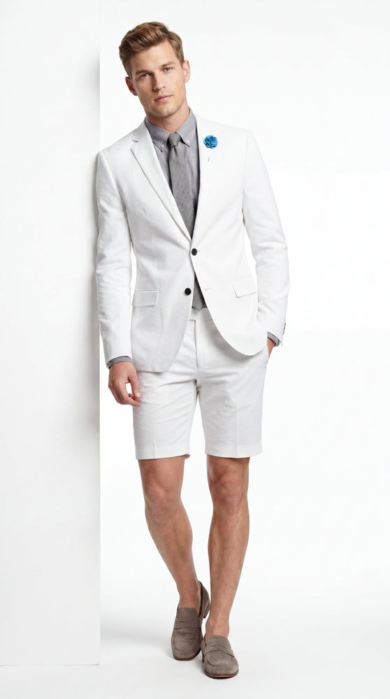 Men’s Cotton Fabric White 2 Piece Summer Suit with Shorts, Casual Beach Wedding and Resort Formal Outfit