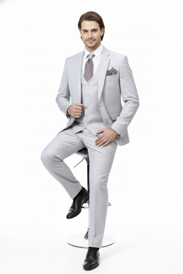 Men’s Very Light Gray Three-Piece  Wedding Suit 2 Buttons Modern or Slim Fit  Ash Off white cream Color Steel Grey