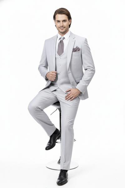 Men’s Very Light Gray Three-Piece  Wedding Suit 2 Buttons Modern or Slim Fit  Ash Bone Color Steel Grey