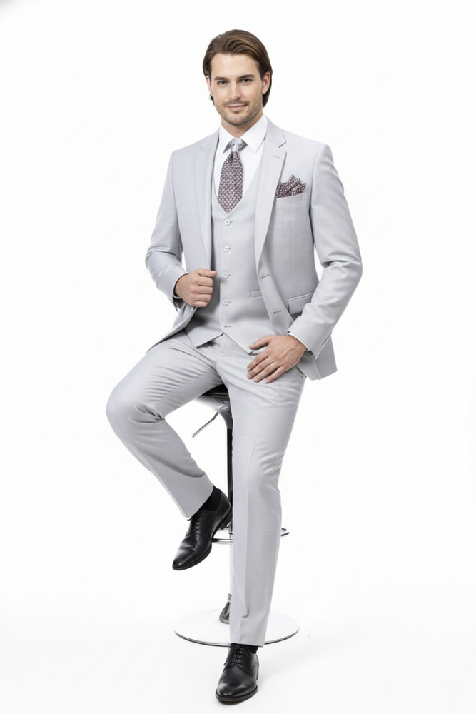 Men’s Very Light Gray Three-Piece  Wedding Suit 2 Buttons Modern or Slim Fit  Ash Bone Color Steel Grey