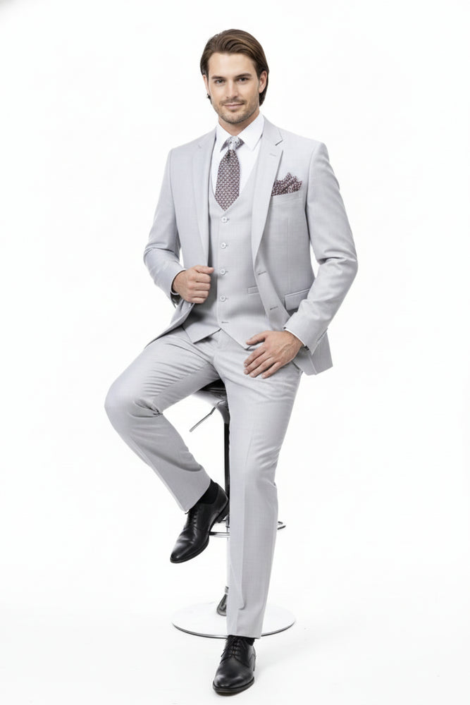 Men’s Very Light Gray Three-Piece  Wedding Suit 2 Buttons Modern or Slim Fit  Ash Bone Color Steel Grey