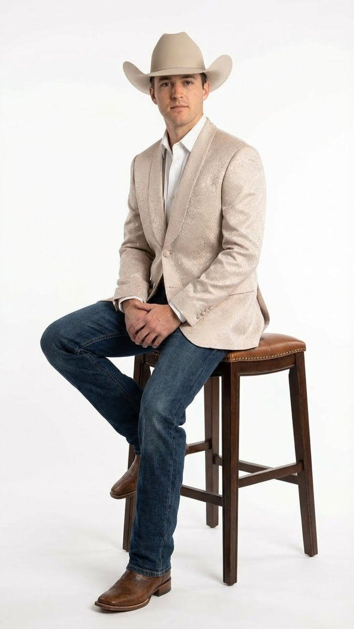 Men’s Tan Khaki Beige Cream Champaign Paisley Western Blazer Jacket, Embossed Dress Sport Coat for Wedding Party Rodeo Style