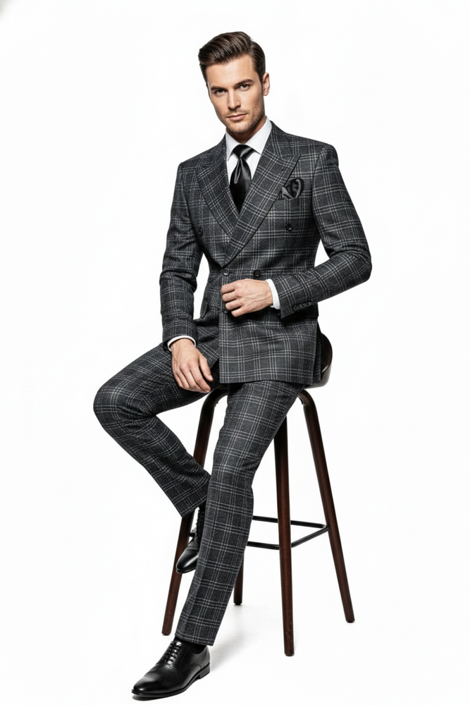 Men’s Charcoal Plaid Double-Breasted Suits –  Tailored Pants Windowpane Pattern By Rossiman
