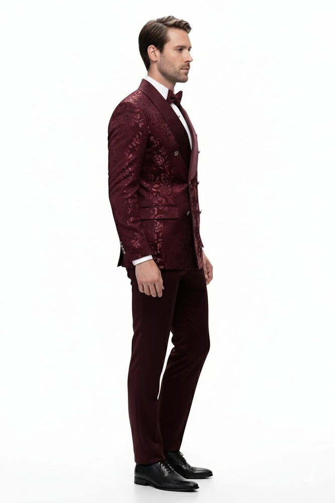 Men’s Burgundy Floral Jacquard Tuxedo Dinner Jacket – Paisley Velvet Lapel Formal Wear for Weddings and Prom
