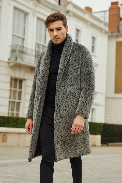 Men’s Luxury Long Grey Faux Fur Coat – Winter Overcoat with Animal Print Design