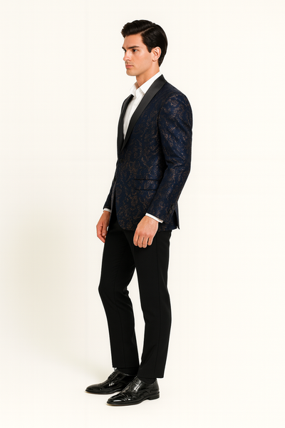 Men’s Navy Blue Sequin Tuxedo Jacket with Black Satin Shawl Lapel – Luxury Prom and Wedding Blazer