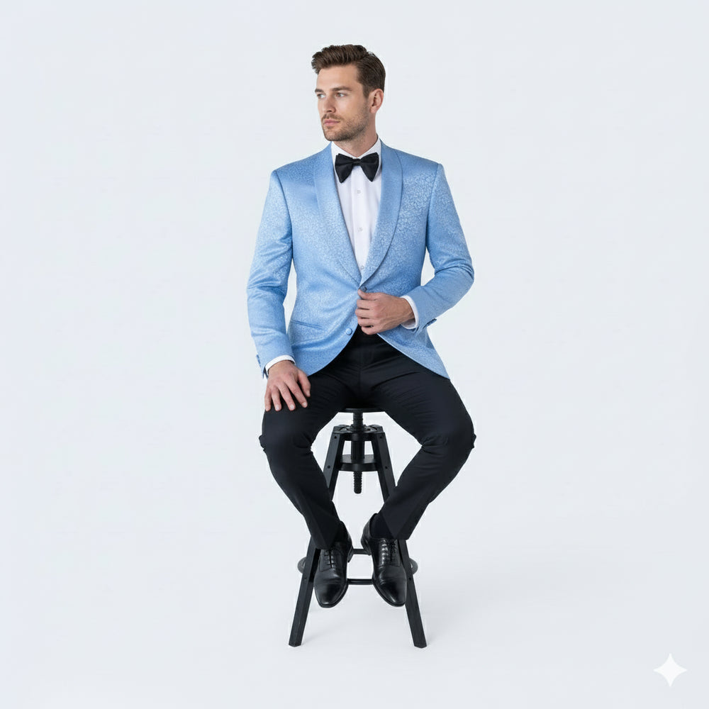 Men’s Light Blue Paisley Tuxedo Jacket – Elegant Satin Shawl Lapel Dinner Blazer for Weddings, Proms in Sky Powder Blue Color Bowtie