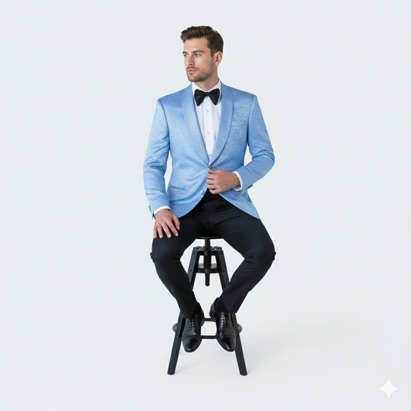 Men’s Light Blue Paisley Tuxedo Jacket – Elegant Satin Shawl Lapel Dinner Blazer for Weddings, Proms in Sky Powder Blue Color Bowtie