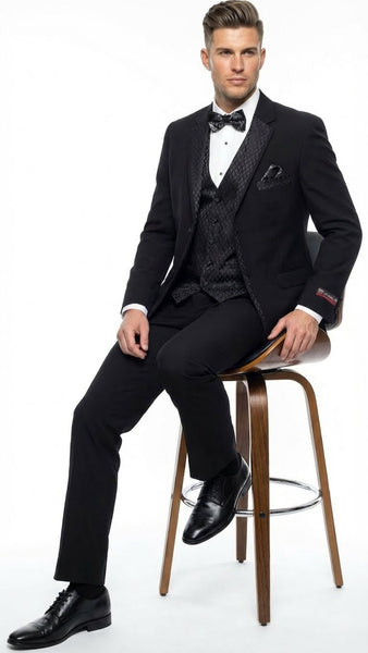 Men's Black Vested Tuxedo Suit with Patterned Lapel – Classic Formal Suit for Wedding, Party and Evening Events
