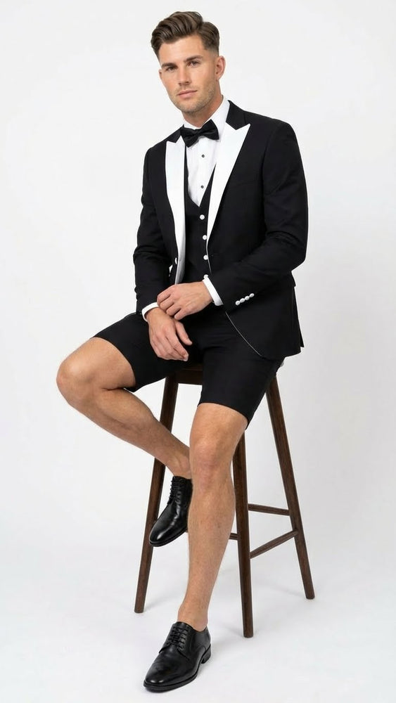 Men’s Black and White Tuxedo Shorts Suit – Modern Formal Tuxedo with Short Pants for Wedding, Party and Special Events
