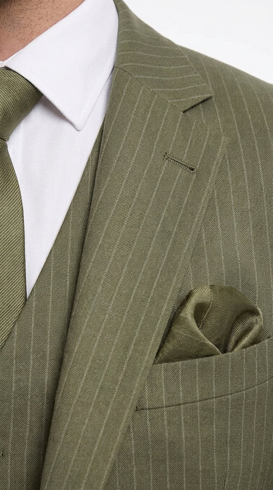 Men’s Olive Green Tone-on-Tone Shadow Pinstripe  3 Piece Suit – Modern Formal Suit with Vest Shadow Stripe