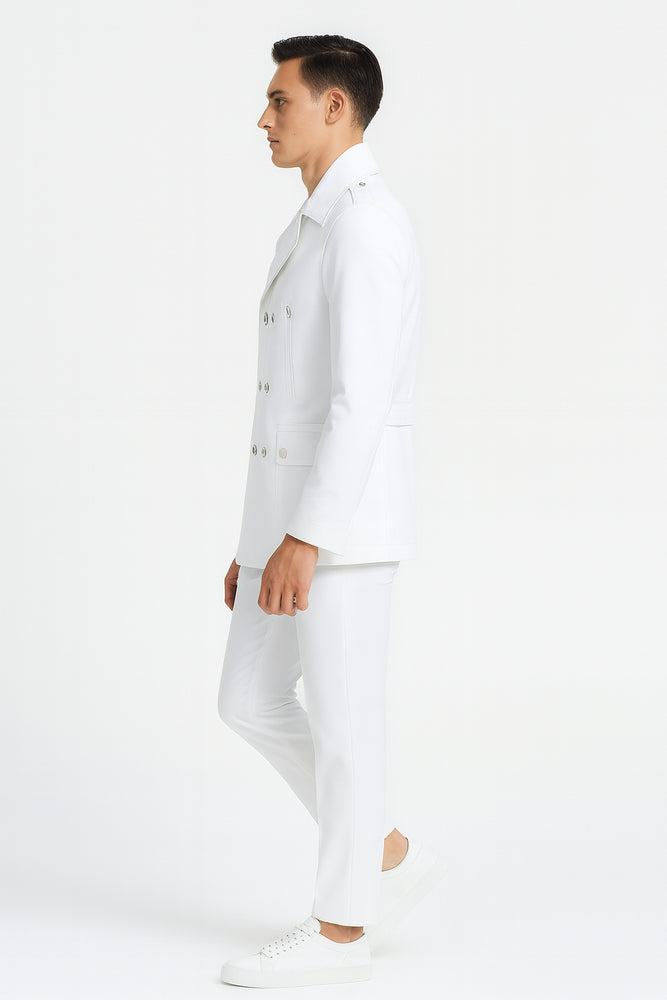 Men’s White Double-Breasted Peacoat Jacket – Classic Stylish Outerwear Wool Fabric Slim Fitted