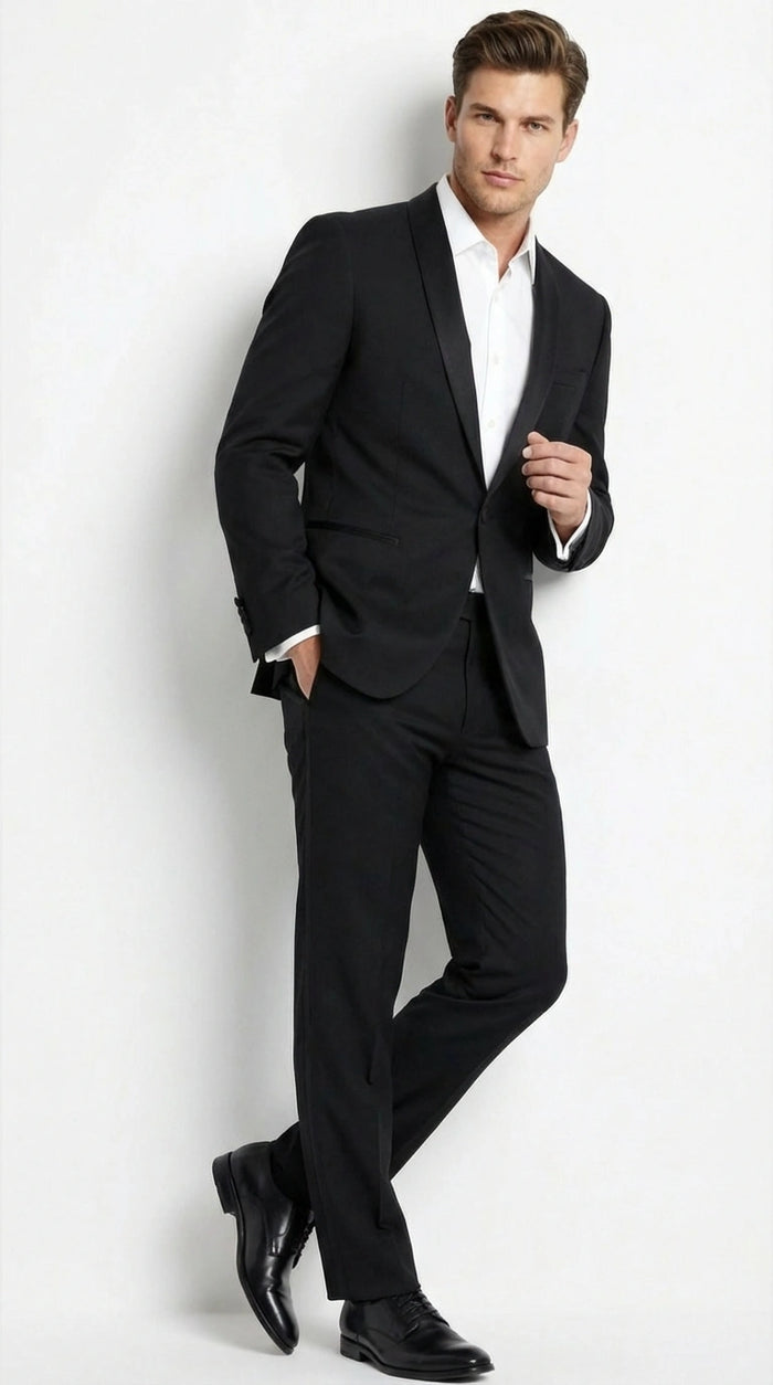 Tiglio Designer Men’s Black Single Button Tuxedo Suit – Formal Black Business and Wedding Suit Shawl Collar  Super 150's Wool Fabric