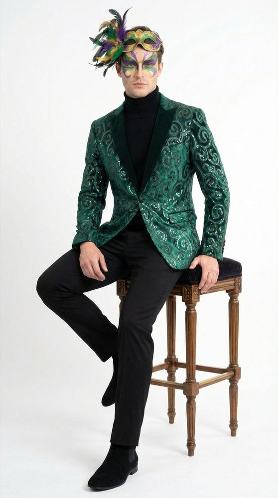 Mens Emerald Green Mardi Gras Blazer with Black Satin Lapel – Paisley Swirl Pattern Formal Party Jacket