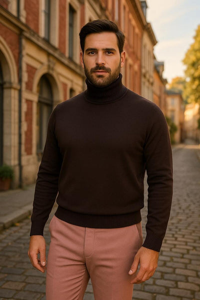 Men's Brown Turtleneck Sweater – Classic Slim Fit Knit Pullover for Fall and Winter