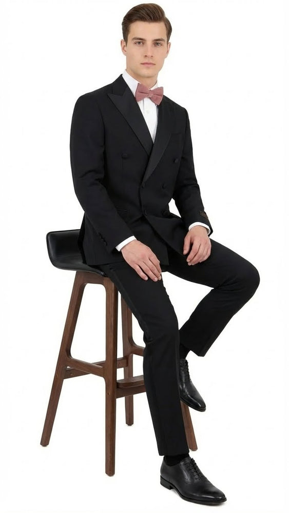 Tiglio Brand 100% Wool Super 150s Italian fabric Men’s Classic Black Double-Breasted Tuxedo with Satin Peak Lapel – Formal Wedding & Gala Suit Set
