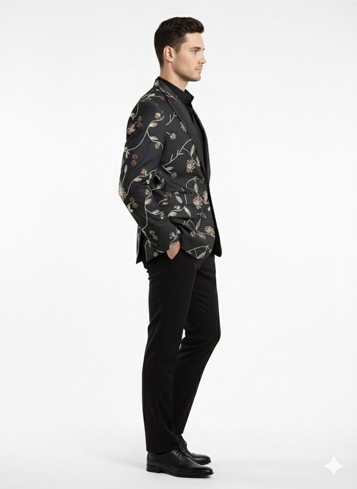 Luxury Black Floral Embroidered Blazer for Men – Designer Party and Wedding Wear Jacket