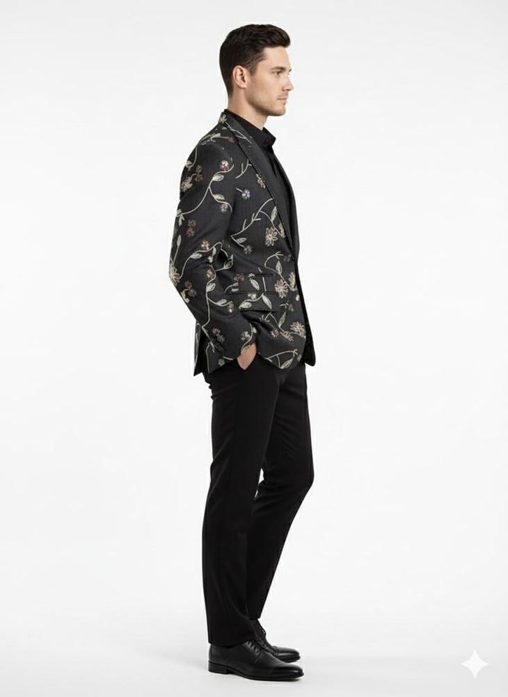 Luxury Black Floral Embroidered Blazer for Men – Designer Party and Wedding Wear Jacket