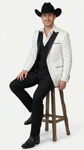 Men’s White Paisley Cowboy Tuxedo with Black Satin Lapel – Western Formal Wedding Suit Jacket