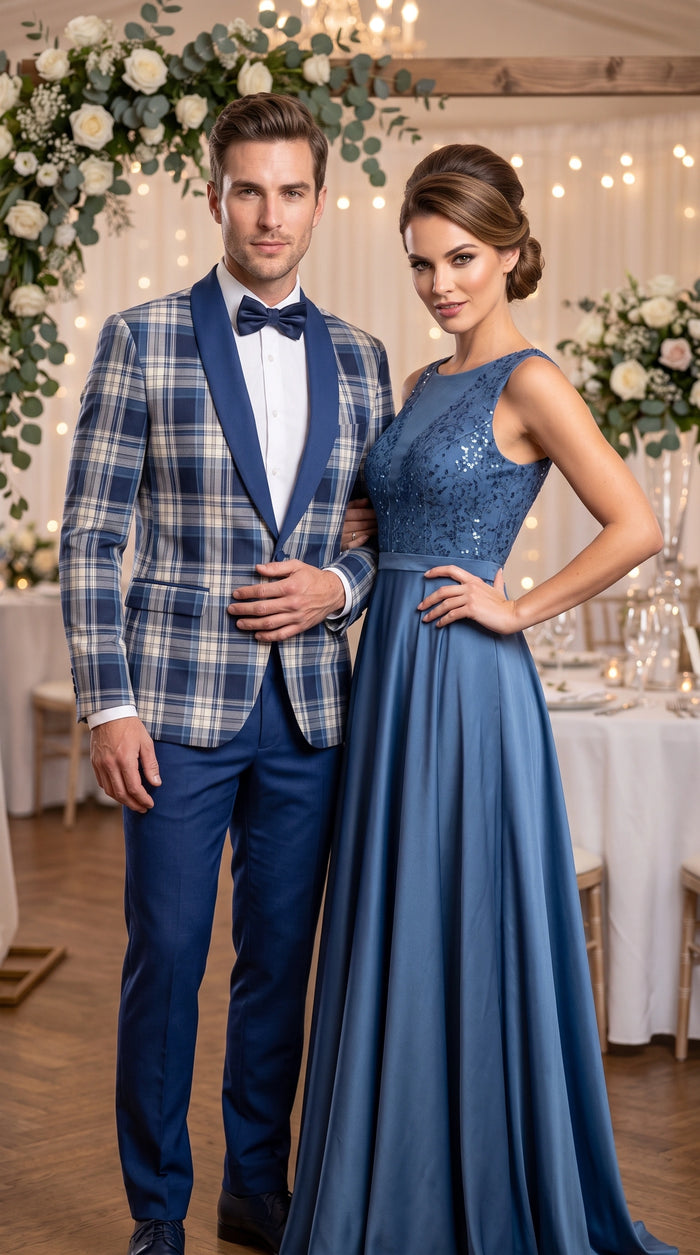 Men’s Tartan Blue Plaid and Solid Blue Tuxedo – Modern Check Pattern Formal Suit for New Year - Christmas - Holiday Jacket with Pants