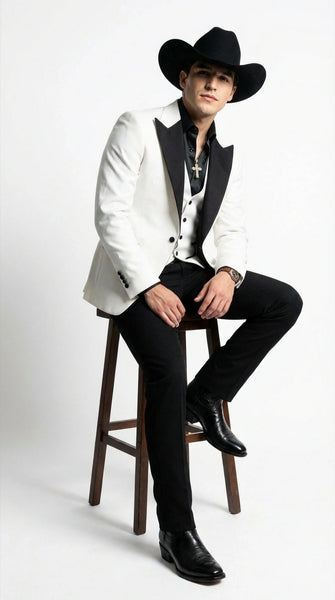 Men’s White Cowboy Tuxedo with Black Satin Lapel – Western Formal Suit with Matching Vest