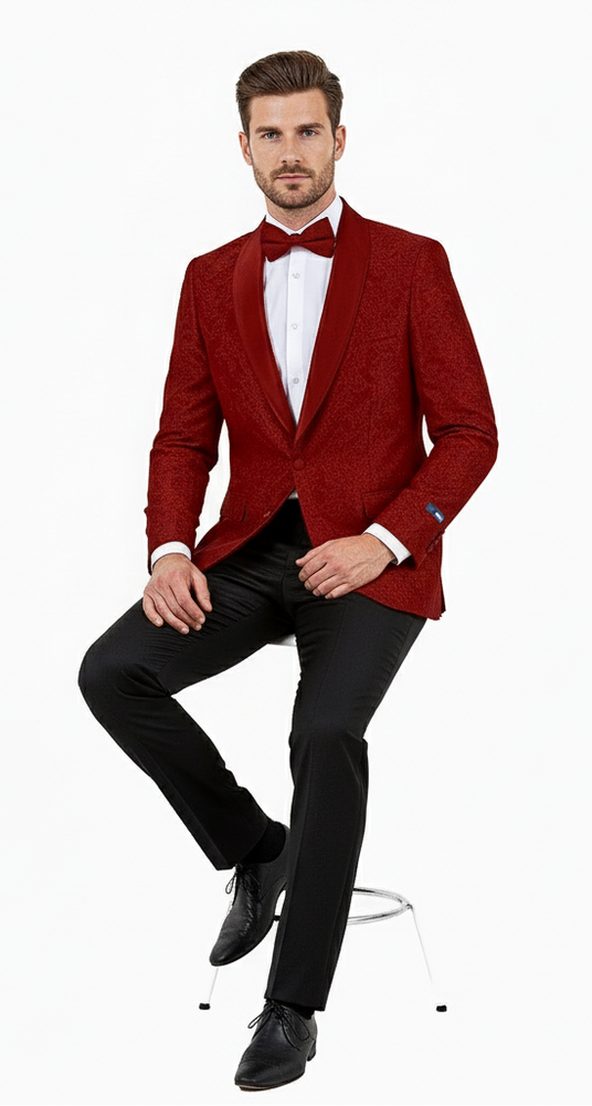 Big and Tall Men’s Burgundy Paisley Tuxedo Jacket – Satin Shawl Lapel Blazer with Bow Tie for Weddings, Proms, and Special Events