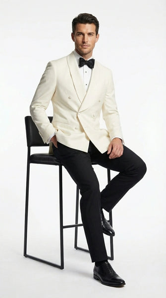 Men’s Ivory Wool Dinner Jacket – Classic Double Breasted Formal Tuxedo Jacket for Wedding and Black Tie Events