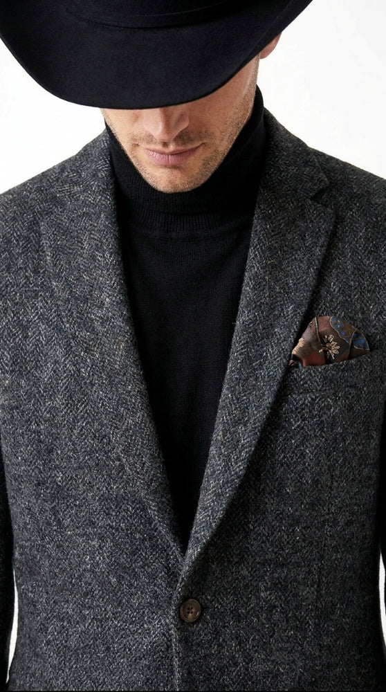 Men’s Charcoal Grey Herringbone Western Winter Blazer – Cowboy Sport Coat Jacket