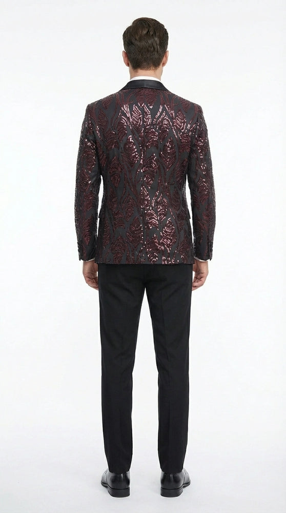 Men’s Black and Burgundy Sequin Blazer – Black Sparkle Sequin Party Blazer with Burgundy Pattern for Prom, Wedding Slim Fitted