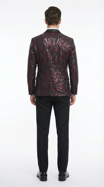 Men’s Black and Burgundy Sequin Blazer – Black Sparkle Sequin Party Blazer with Burgundy Pattern for Prom, Wedding Slim Fitted