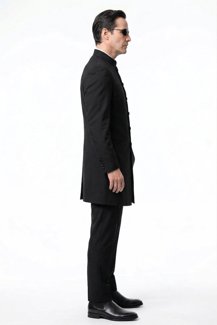 Men’s Black Coat Matrix Keanu Reeves Inspired Long Coat – Classic Mandarin Collar Formal Overcoat, Stylish Winter Trench Coat, Neo Style Jacket