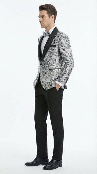 Mens Black and Silver Floral Tuxedo – Luxury Patterned Wedding, Prom and Formal Dinner Tuxedo
