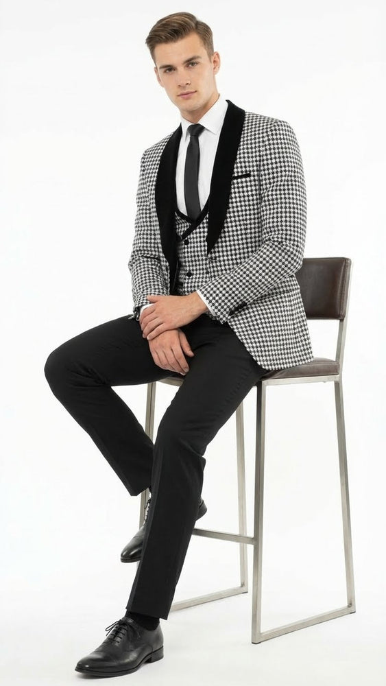 Men’s Black and White Houndstooth Tuxedo Set with Velvet Shawl Lapel | 3-Piece Formal Suit with Double-Breasted Vest