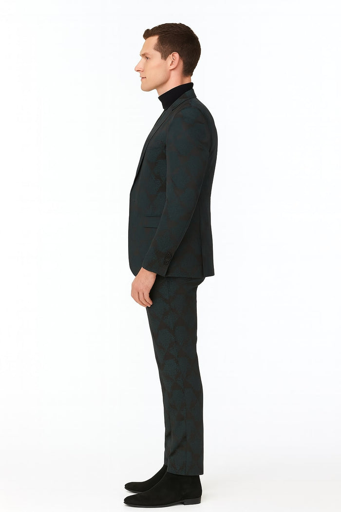 Men’s Emerald Green Floral Jacquard 3-Piece Tuxedo Suit – Slim Fit Formal Set with Blazer, Vest, and Pants Paisley Fabric - Ultra slim fitted