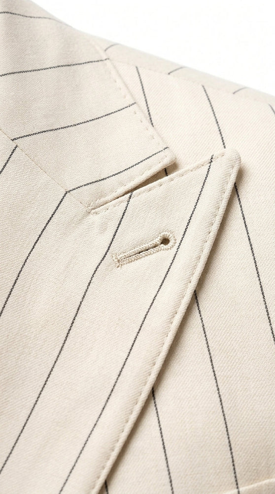 Men’s Cream Off White Pinstripe Linen Pinstripe 2 Piece Double Breasted Suit, Summer Wedding Ivory Color By Vitali
