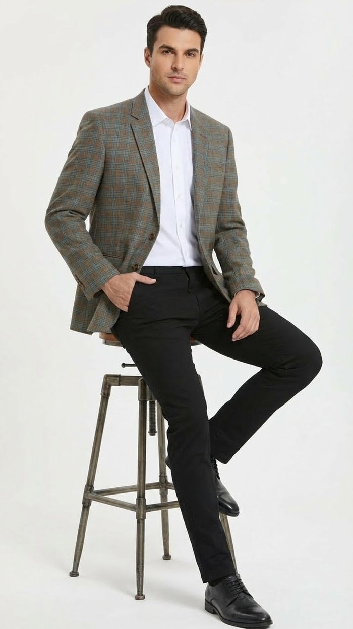 Men’s Green Brown and Teal Plaid Sport Coat – Tailored Fit Check Blazer Jacket - Tartan Sportcoat