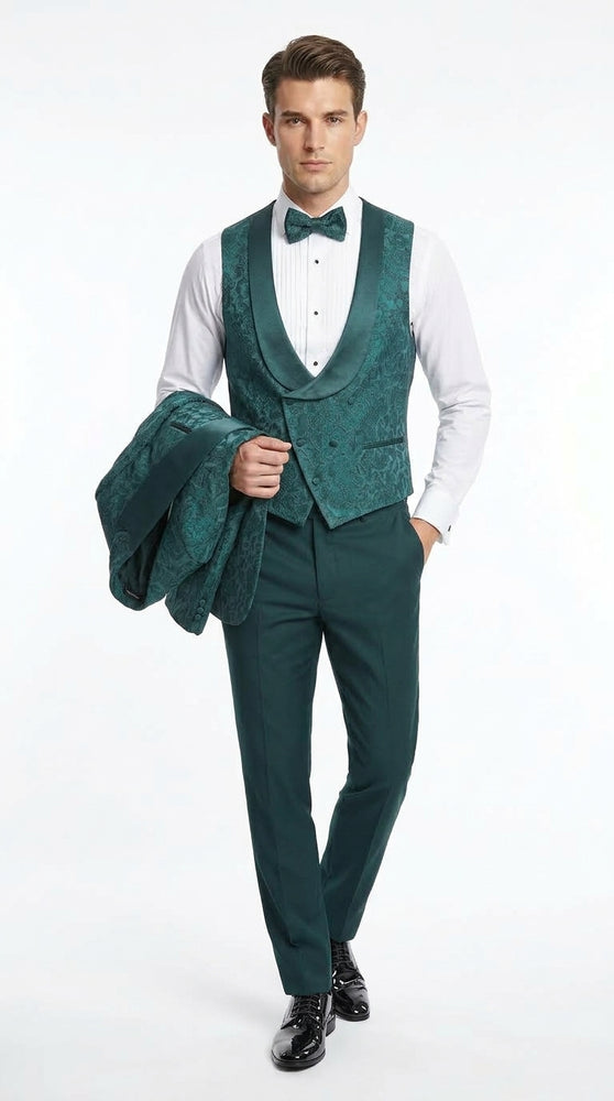 Men’s Hunter Green Paisley Tuxedo – 3 Piece Prom & Wedding Suit with Matching Bow Tie