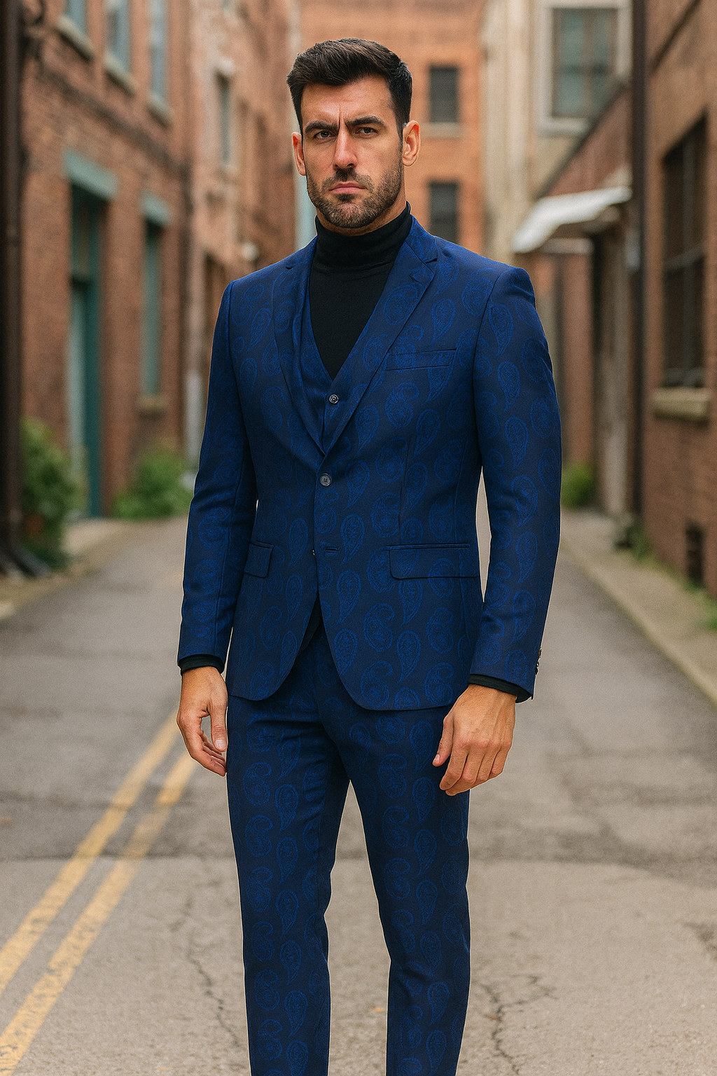 Men’s Sapphire Blue Paisley 3-Piece Suit – Slim Fit Designer Tuxedo Se ...