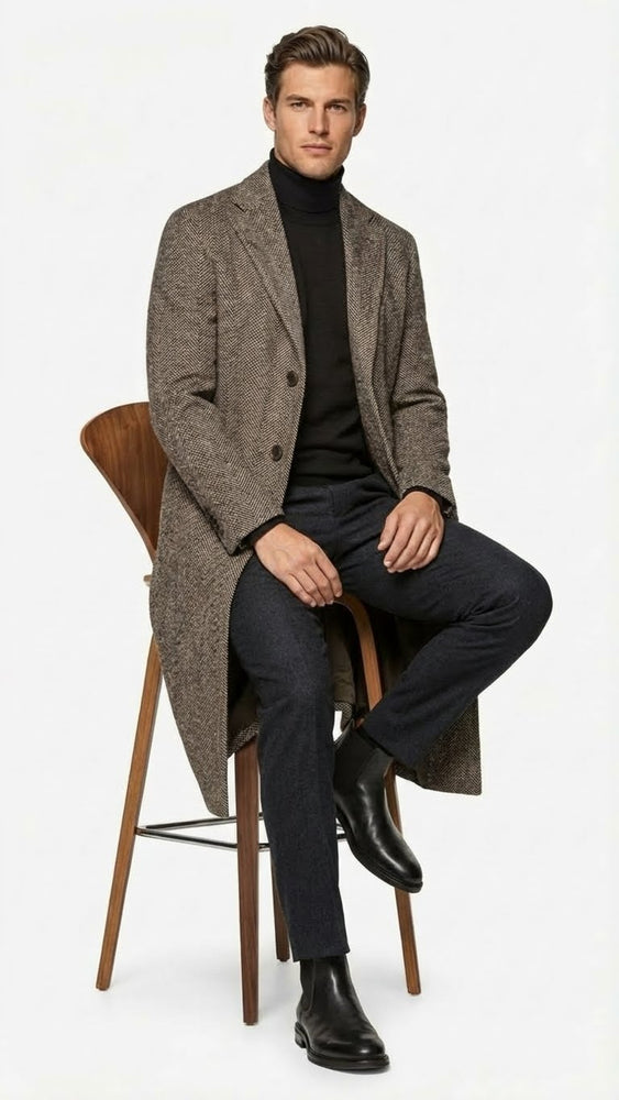 Men’s Black & Grey  Herringbone Tweed Wool Blend Overcoat – Classic Single-Breasted Winter Blazer Carcoat