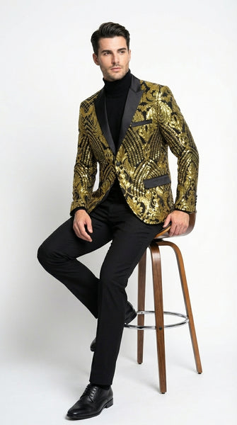 Mens Black and Gold Pattern Blazer – Gold Floral Luxury Formal Blazer Jacket for Prom, Wedding and Party Slim Fitted
