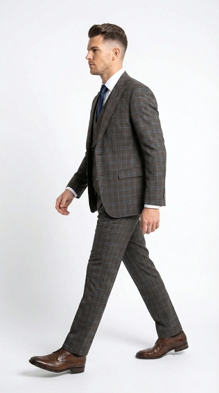 Vitali Men’s Brown Grey with blue Check 3 Piece Suit – Classic Plaid Formal Suit Set with Blazer, Vest & Trousers, Business Wedding Party Wear for Men Modern Fit
